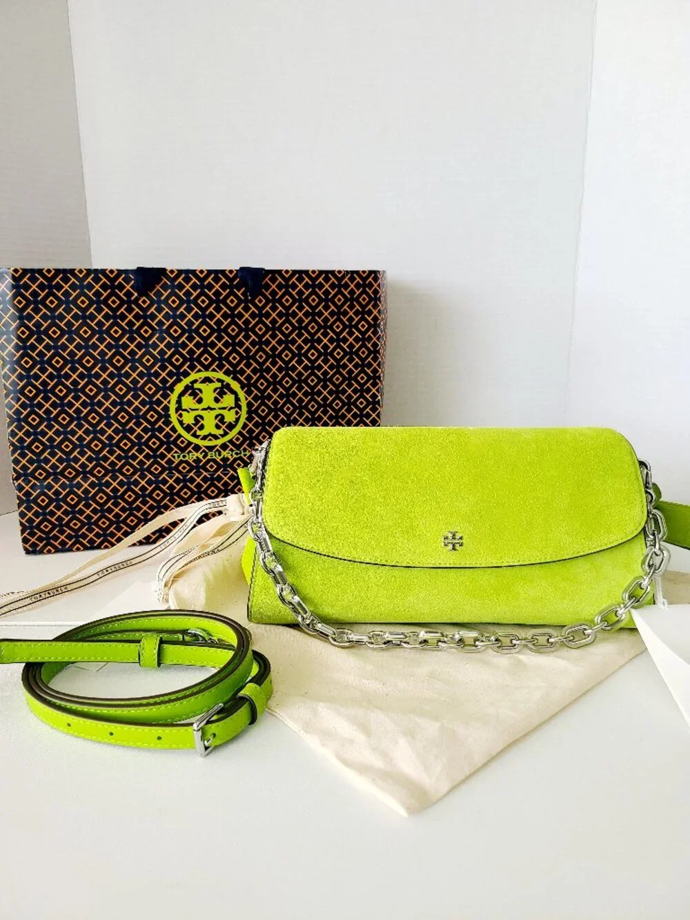 Tory Burch Rory Novelty Suede Flap Shoulder Bag Bitter Lime Multi Straps $675